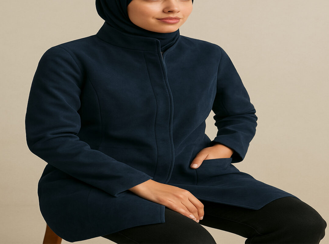 پالتوی زنانه بلند از پارچه سوییت آبی تیره، با طراحی یقه ایستاده، آستین بلند و برش راسته، مناسب برای استایل‌های شیک و رسمی در فصل‌های پاییز و زمس